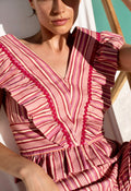 Blusa estampada de rayas de MonBali Collection, tejido de lino 100 %, diseño elegante y atemporal con escote en pico