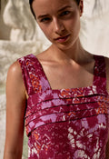 Top de MonBali Collection, tirantes asimétricos y cremallera lateral invisible, confeccionado en lino 100 % estampado en tonos rosas 