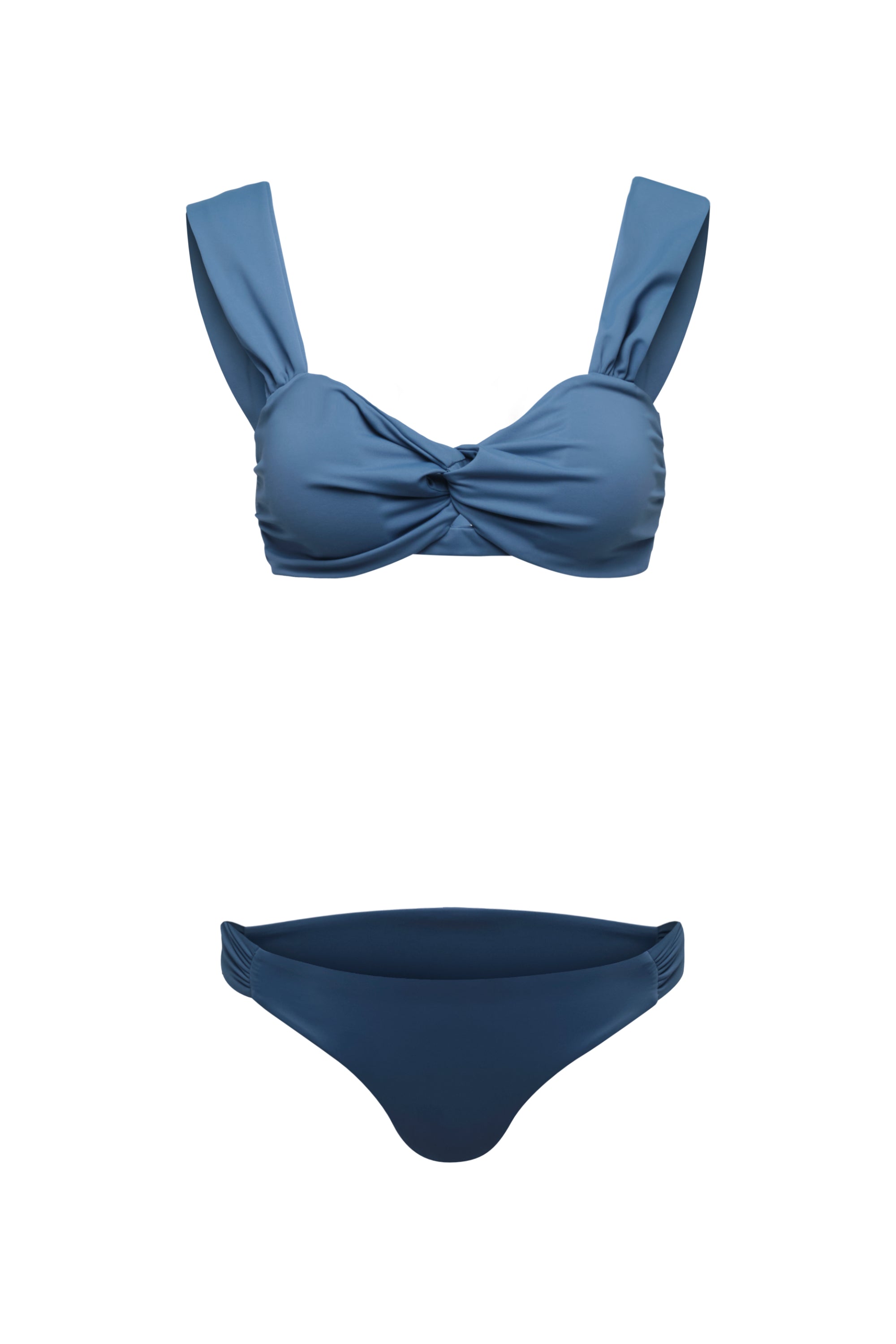 Bikini Hibiscus en color azul con top nudo delantero y laterales fruncidos en la braguita