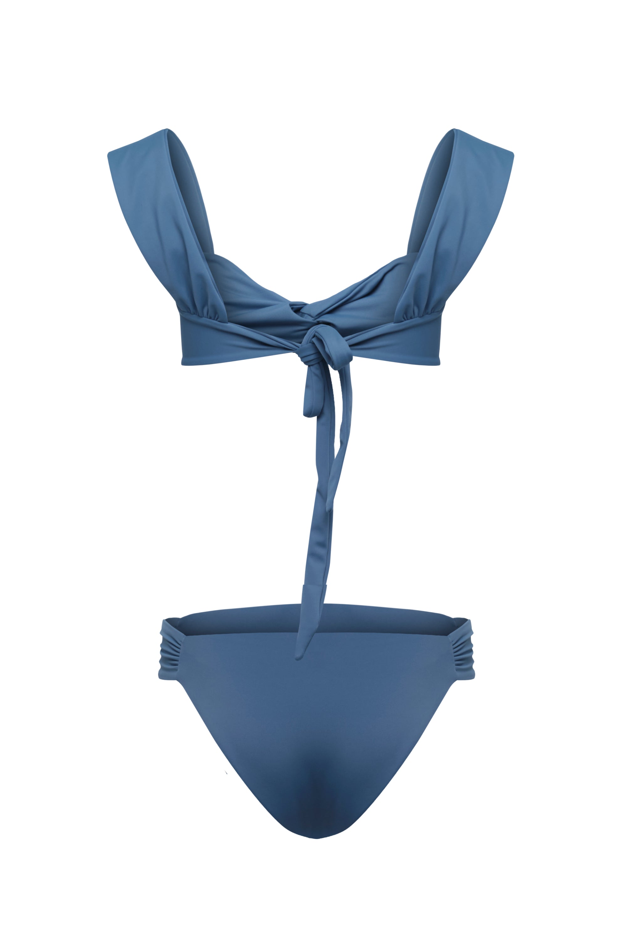 Bikini Hibiscus en color azul con top nudo delantero y laterales fruncidos en la braguita