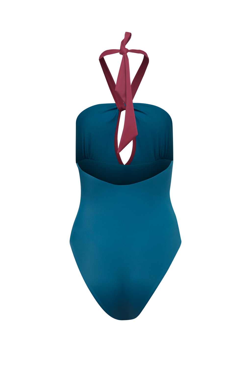 Vista posterior del traje de baño Passiflora de MonBali Collection, diseño de espalda abierta con lazo al cuello y corte elegante